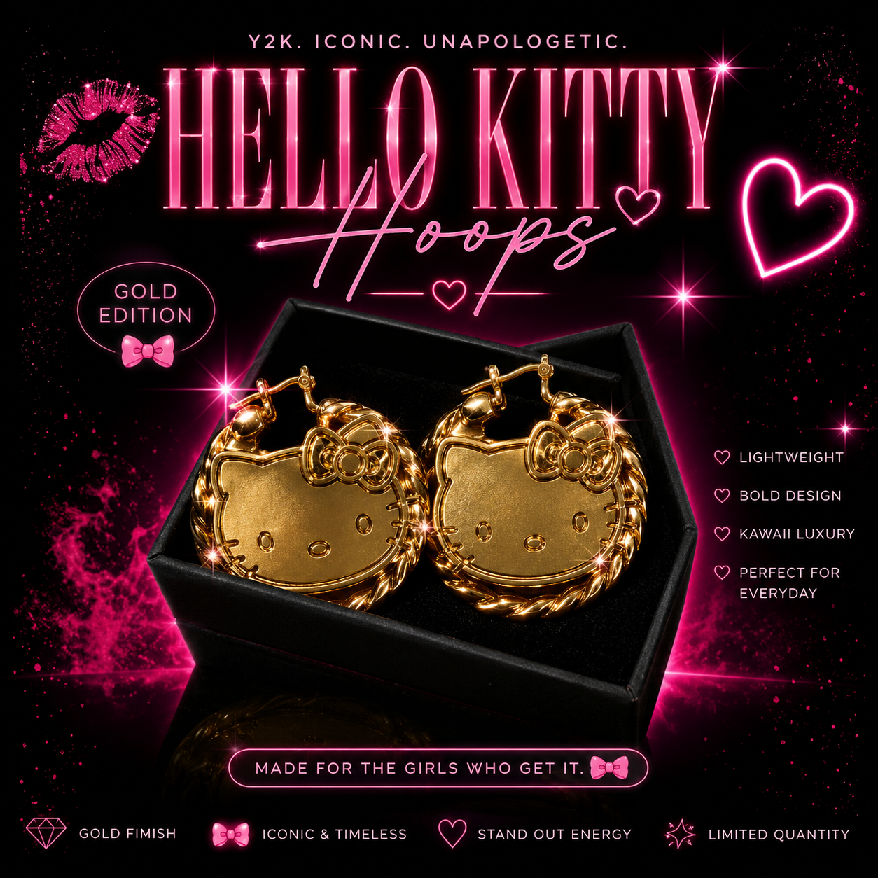 VIXEN BLVD Gold Hello Kitty Hoops 🎀
